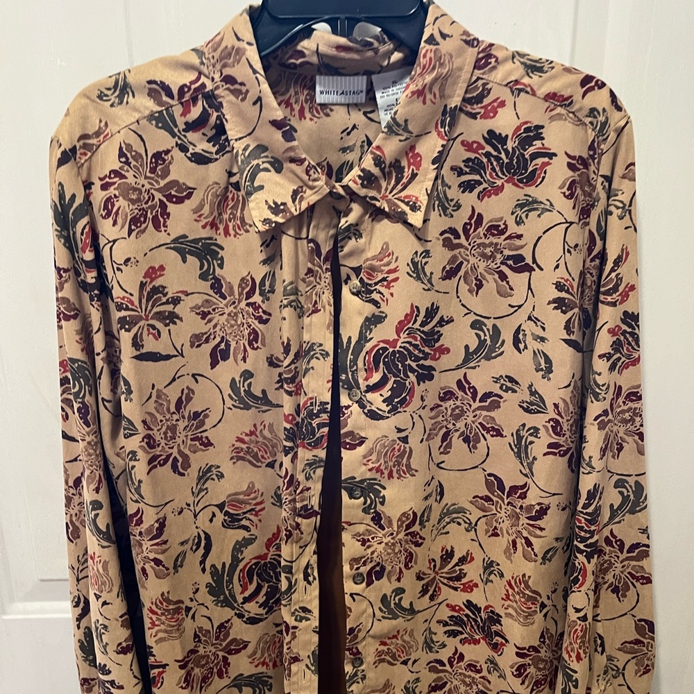 White Stag Cappuccino Floral Button-Up Blouse with Burgundy & Olive Accents